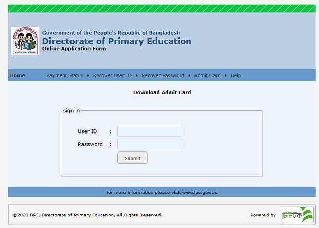 Primary Admit Card dpe.teletalk.com.bd